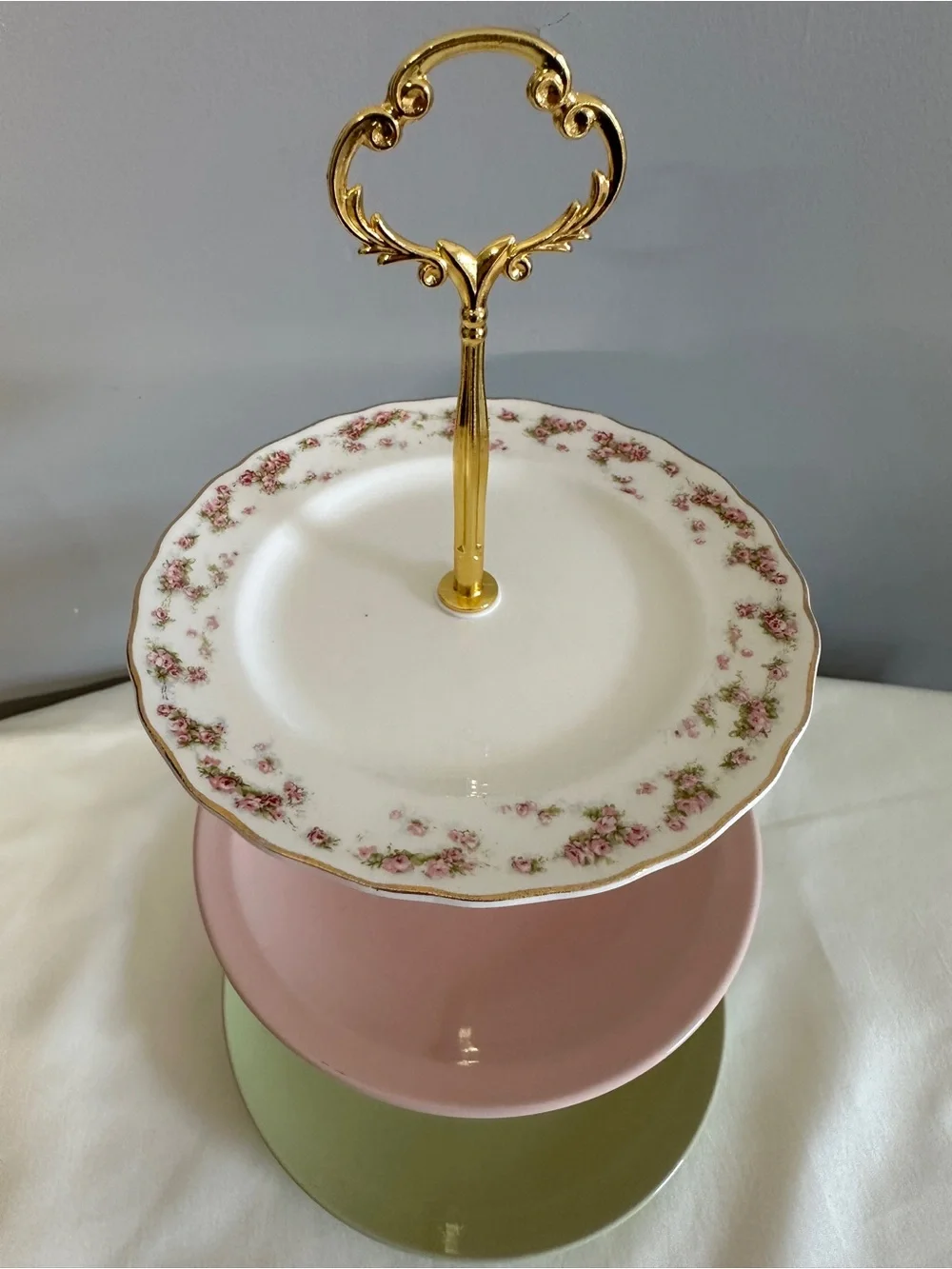 Three-Tier Dessert Stand in Pink, Green & White with Gold Accents